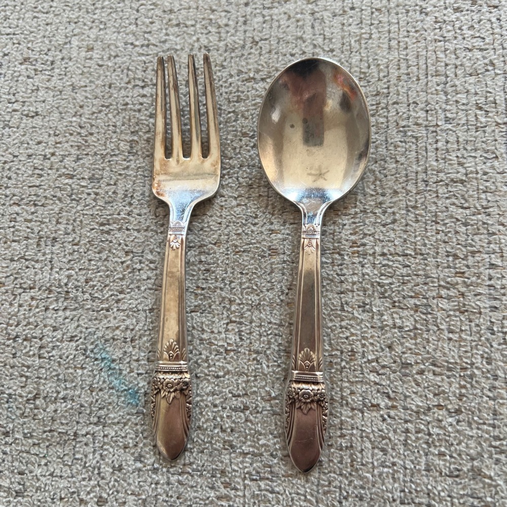 Vintage 1847 Rogers Bros Adoration Silverplate Child Fork and Spoon Set IS 1939